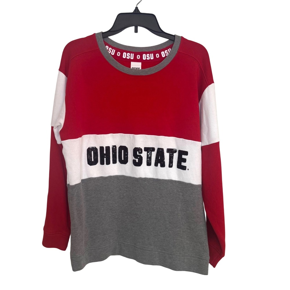 PINK Ohio State Sweatshirt Women M Red Cotton Sequin Buckeyes Crewneck College